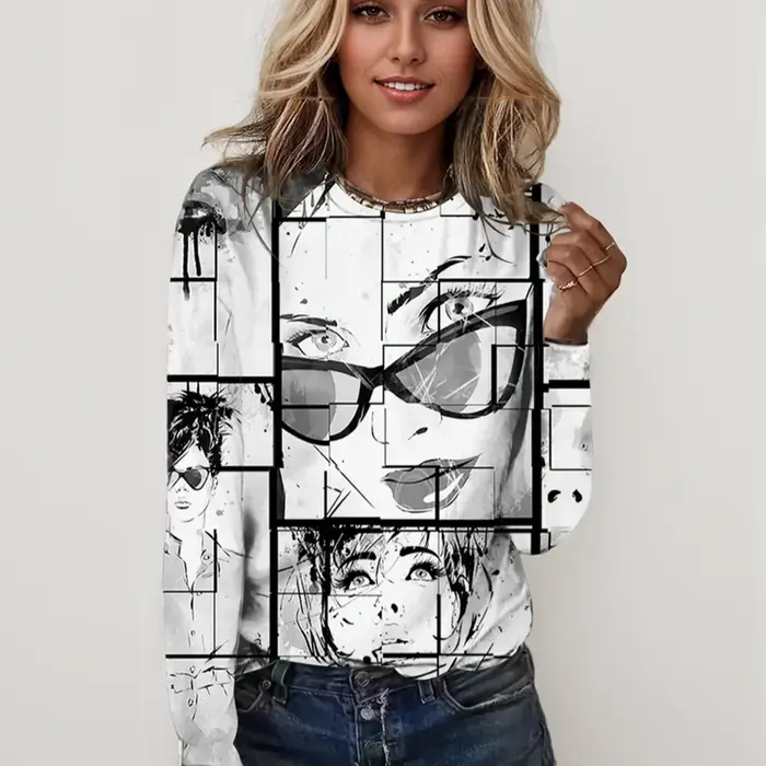 T-shirt graphique à manches longues et col rond pour femmes, haut décontracté pour femme, pull éléga