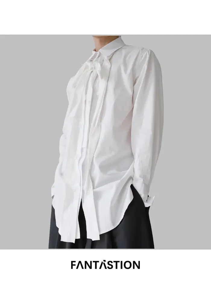 FANTASTION chemise de smoking d'inspiration vintage avec ruban plissé détail chemisier surdimensionné à manches longues coupe ample pour un décontracté chic
