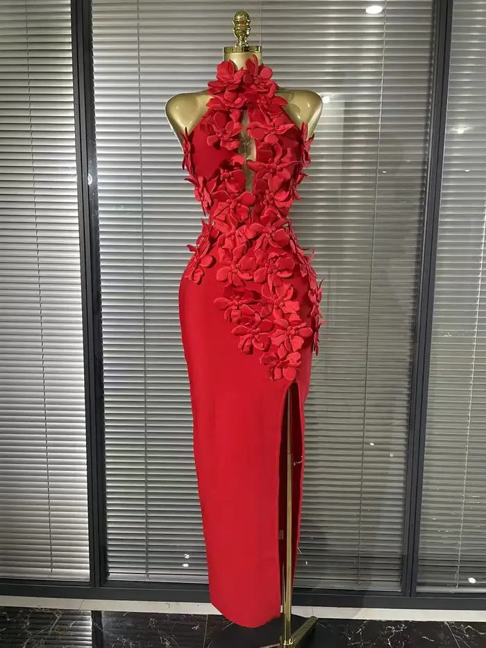 Rouge noir femmes sans manches Sexy hors de l'épaule moulante pansement longue robe florale élégante soirée mariage sirène porter