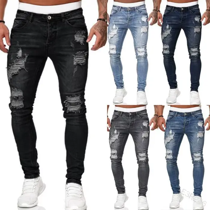 Hommes jean genou trou déchiré Stretch maigre Denim pantalon couleur unie noir bleu automne été Hip-Hop Style Slim Fit