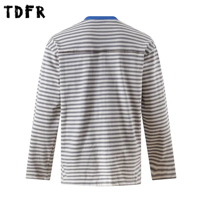 T-shirt à manches longues rayé épissé hommes automne rétro décontracté ample