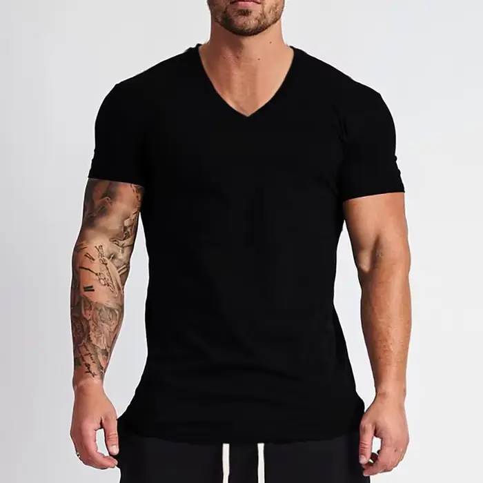 Nouvelle mode col en v T-shirt hommes coton coupe ajustée à manches courtes