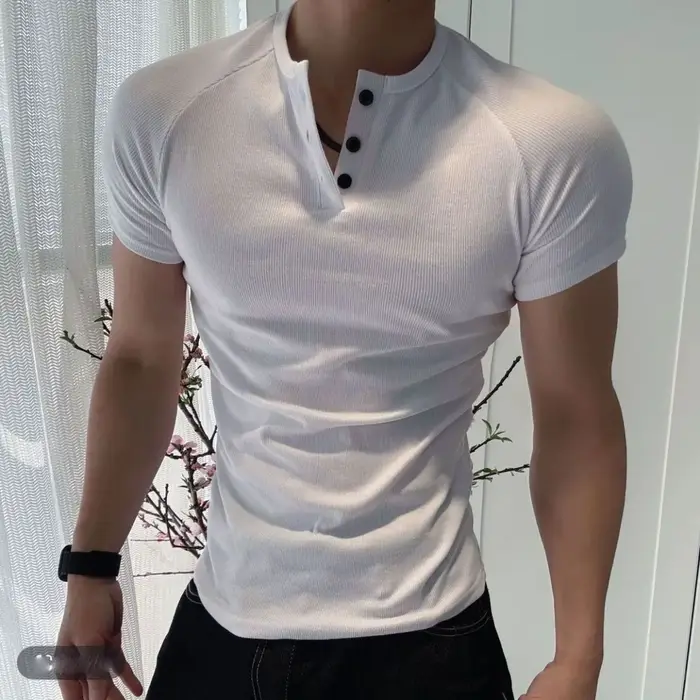 T-shirt homme slim fit à col henley, manches courtes, tricot côtelé, coupe musclée, décontracté, pou