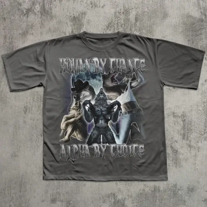 T-shirt drôle et ironique « Human By Chance Alpha By Choice » avec loup déchirant