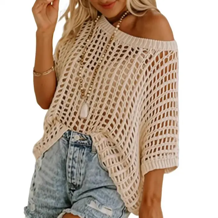 Pull-over sexy à manches trois-quarts ajouré pour femme, collection été 2024, idéal pour la plage, en maille tricotée