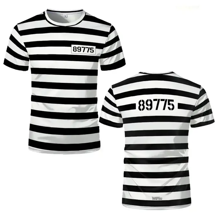 Nouveau T-shirt rayé Prisonnier 2026 Noir et Blanc Thème Prison Amusant et Original Manches Courtes Costumes de Fête Cosplay Homme et Femme