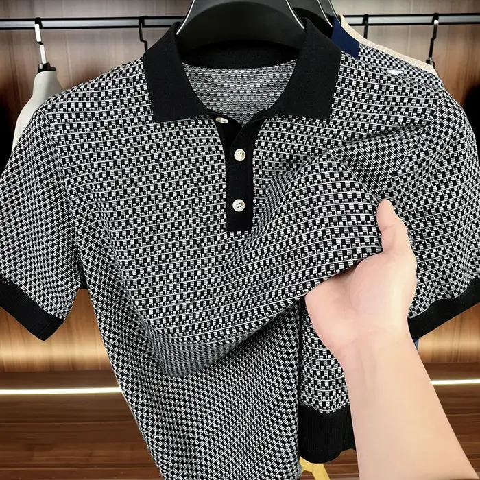 100% coton Treillis imprimé à manches courtes polo chemise hommes haut de gamme tricoté confort respirable nouvelle mode de luxe unique T-shirt