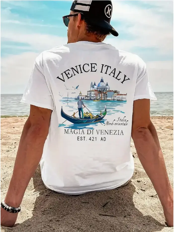 T-shirt graphique rétro Venise Italie avec impression aquarelle gondole et canal