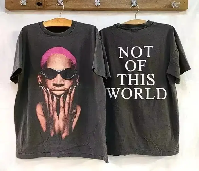 T-shirt unisexe à manches courtes noir imprimé Dennis Rodman rétro années 90 printemps/été avec motif de lettres en coton européen et américain