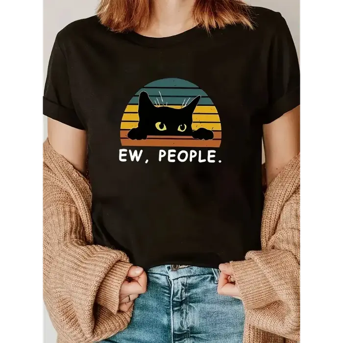T-shirt à manches courtes en coton 100% pour femme, col rond, imprimé chat, tendance décontractée, h