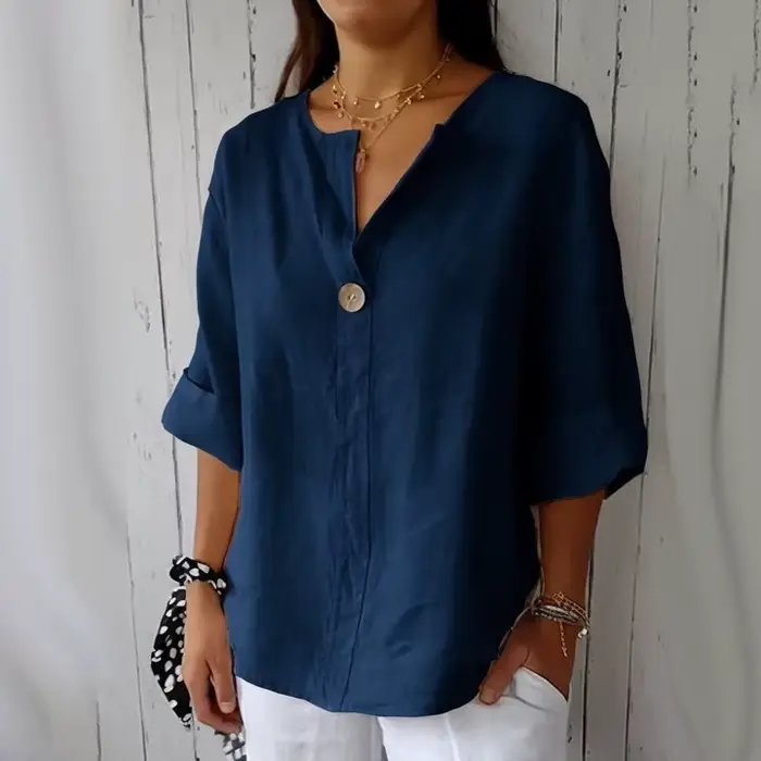 Lâche coton lin boutonné col en V t-shirt femmes été nouveau Style transfrontalier haut décontracté à la mode coupe