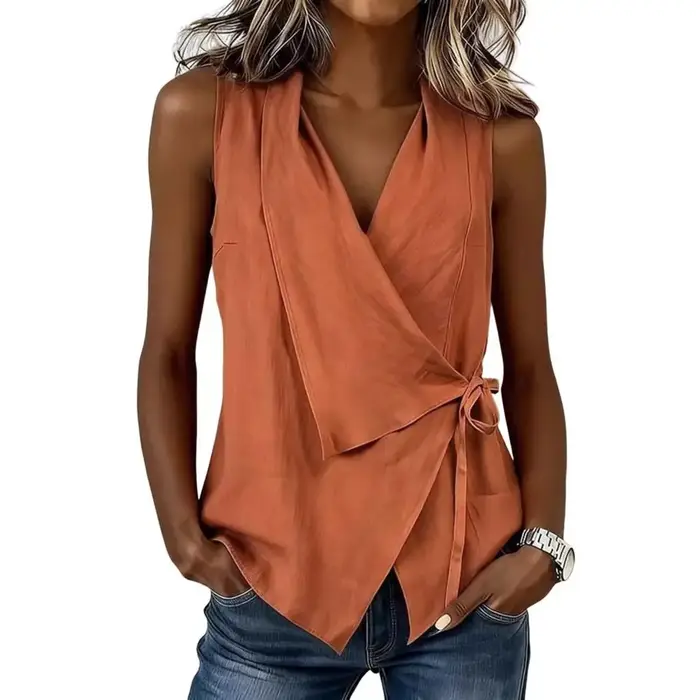 Débardeur Femme Col Revers en V Sans Manches avec Bande Latérale Coupe Classique – Idéal pour le Tra