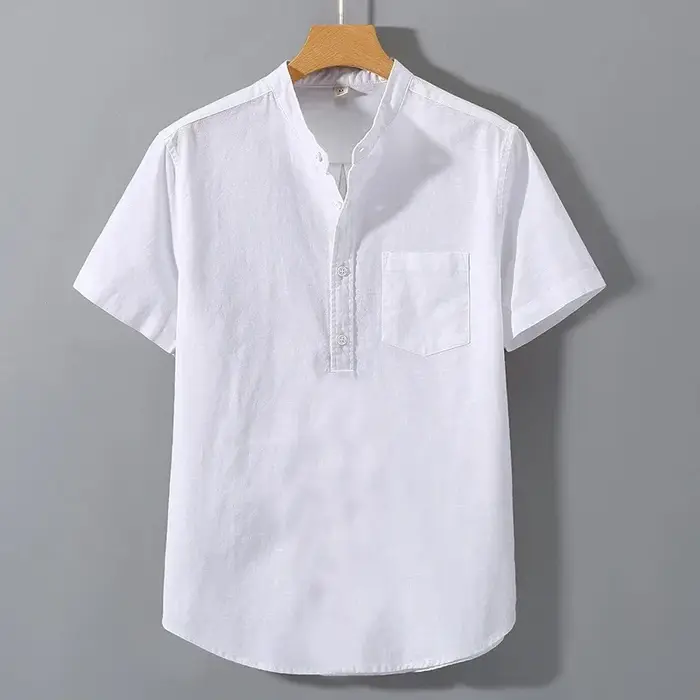Nouveaux hommes à manches courtes t-shirts couleur unie col montant chemise été à la mode respirant ample jeunesse basique coton poche haut