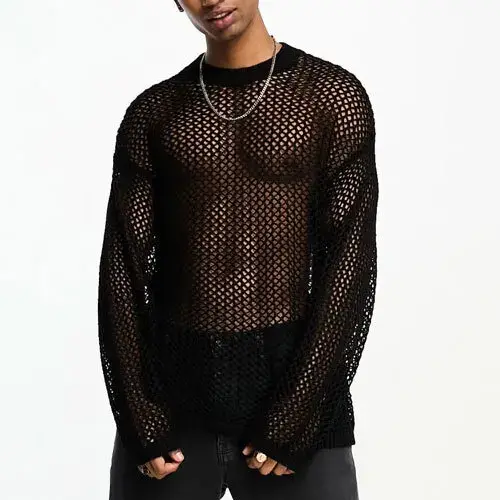 T-shirt à manches longues en maille pour hommes, haut tissé évidé, mode Streetwear, vêtements pour h