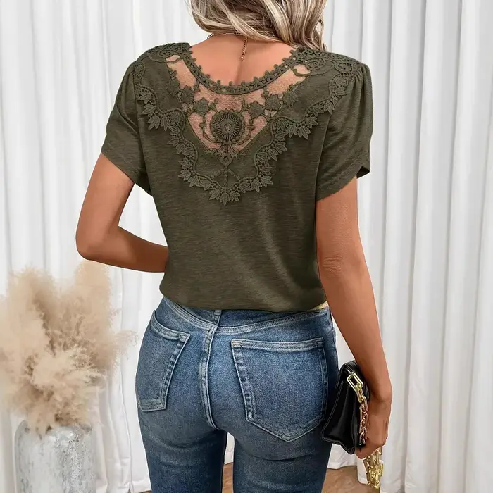 T-shirt femme 2026, nouvelle mode, col en V, double couche, manches courtes à volants, ajouré, vêtements pour femmes