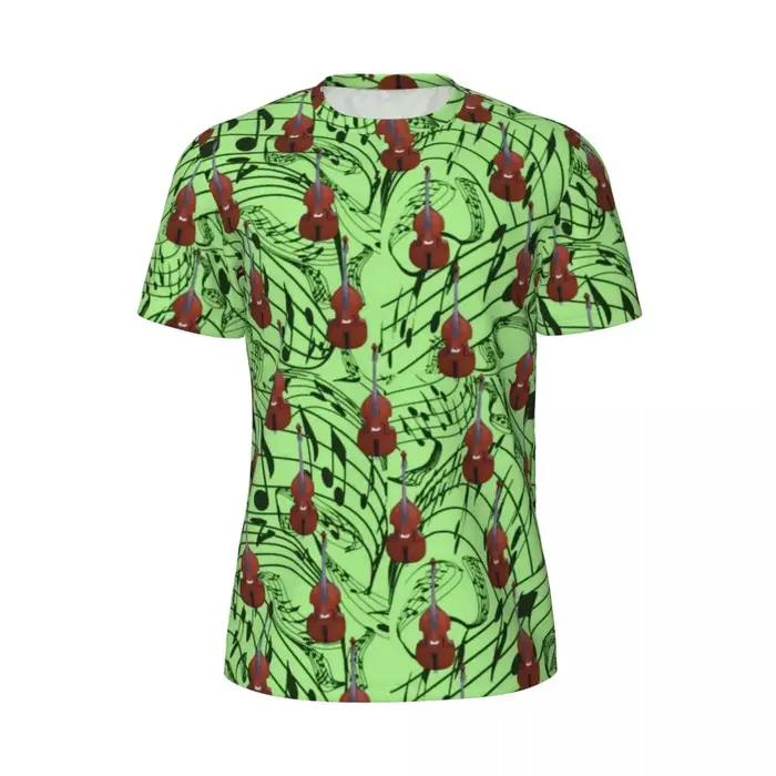 T-Shirt Sportif à Col Rond pour Homme, Notes de Musique Vertes, Hiphelicopter, Guitares Imprimées, V