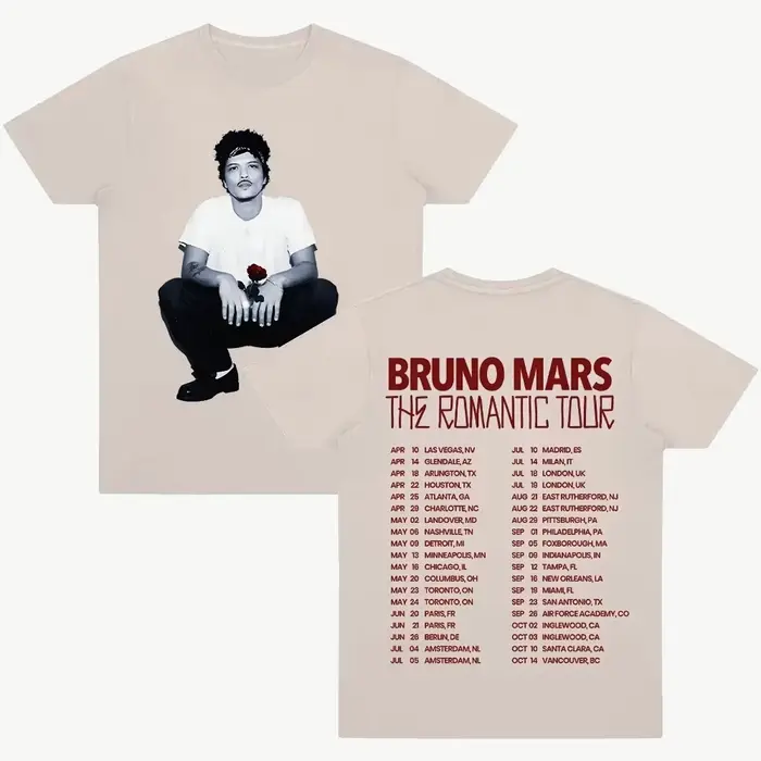 Bruno Mars The Romantic Tour T-Shirt pour homme, t-shirt graphique classique pour concert, imprimé r