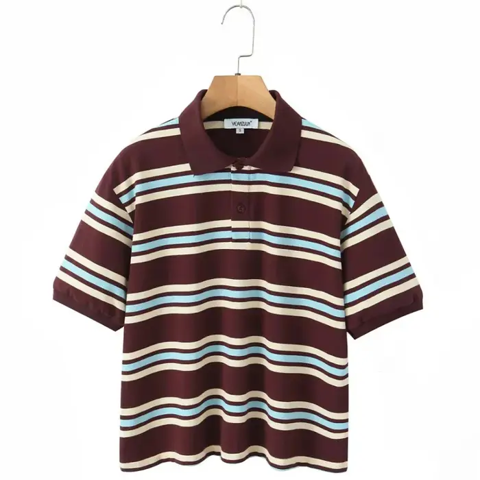 T-shirt ample à col polo, color block rayé, style décontracté urbain, en polyester, coupe confortabl