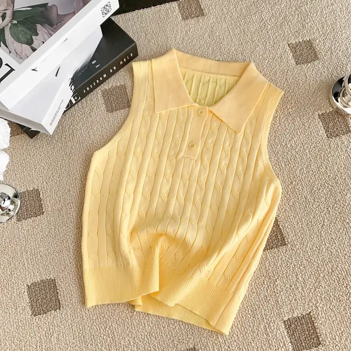 REALEFT été col Polo femmes tricoté T-shirts 2025 nouveau solide sans manches boutons tricots décontracté mince débardeurs femme