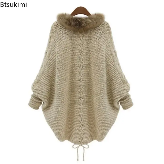 Femmes Cardigan pull épais Poncho Capes automne hiver Femme tricoté manches chauve-souris col de fourrure laine