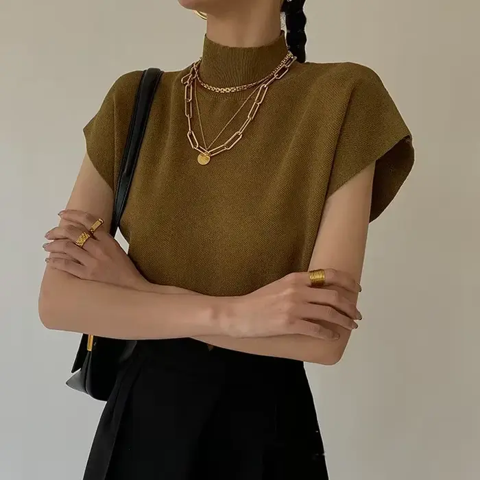 Nouveau pull chemise été solide col montant décontracté tricoté gilet à manches courtes bureau dame ample élégant droit 20397
