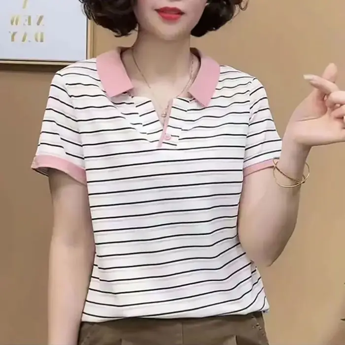 Nouveauté Été : Polo rayé à revers pour femme, coupe ample à manches courtes, style décontracté et polyvalent