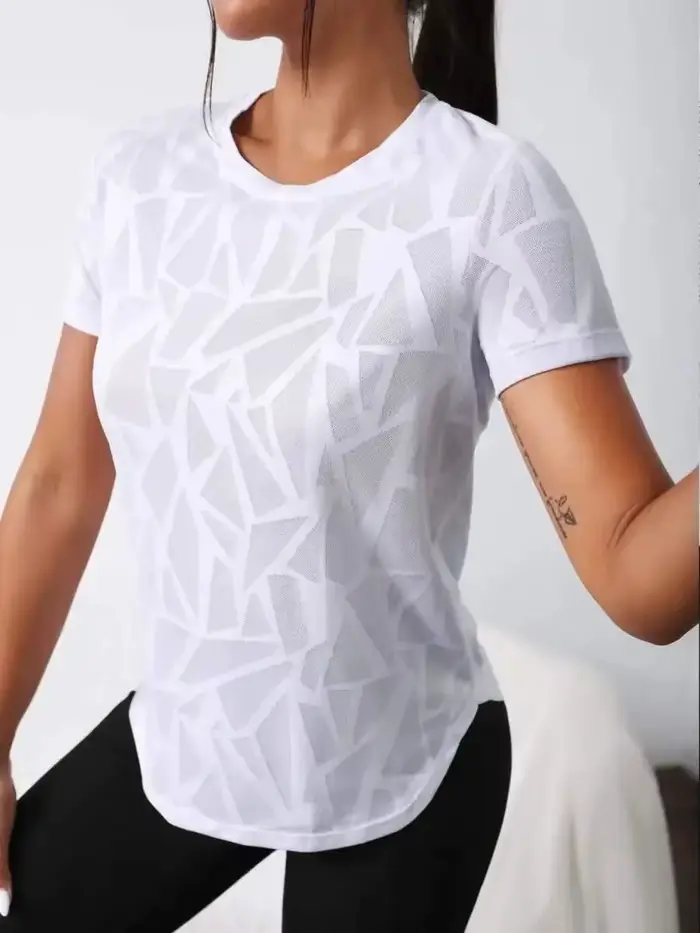 T-shirt chic à imprimé géométrique pour femme – Ourlet incurvé flatteur, léger, col rond, manches co