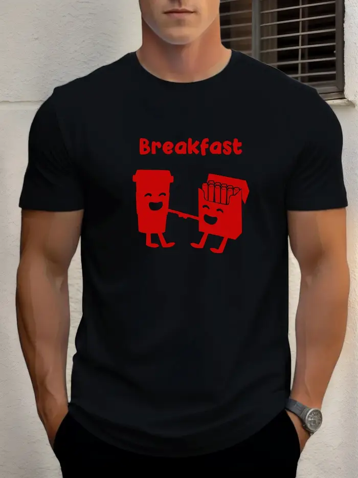 T-shirt pour hommes petit-déjeuner 100 % coton impression graphique été t-shirt col rond décontracté