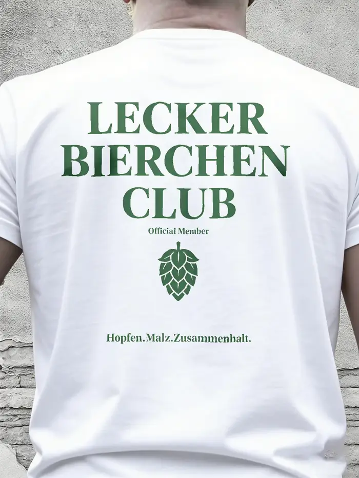 Lecker Bierchen Club - T-shirt blanc conçu pour les amateurs de bière, avec un motif houblon et malt