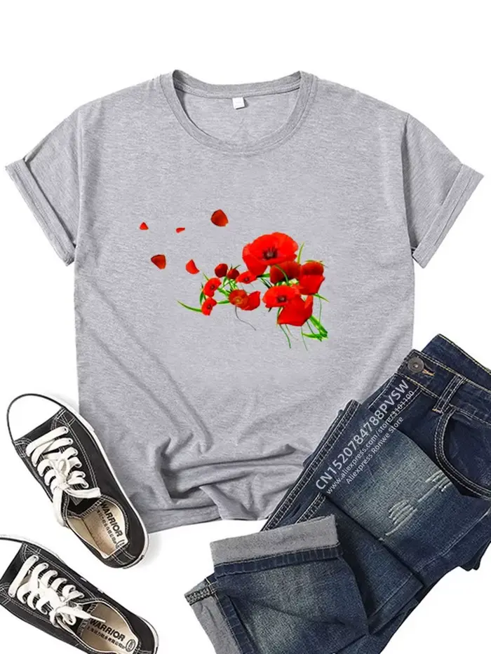 T-shirt imprimé drôle de fleurs rouges pour femmes