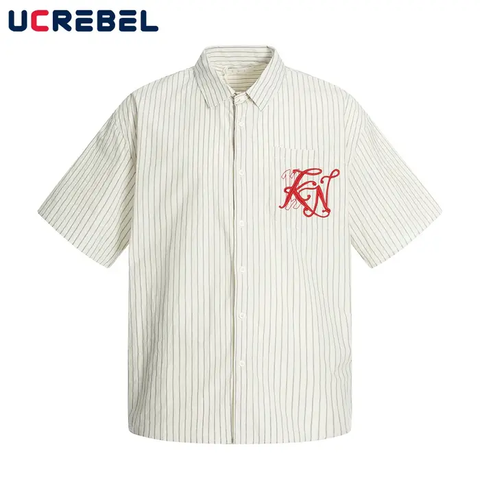 Lettre broderie rayé chemises à manches courtes hommes été haute rue simple boutonnage revers ample demi-manches