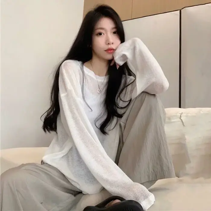 Femmes surdimensionné T-shirt printemps été col rond décontracté mode ample mince à manches longues haut pulls Chic