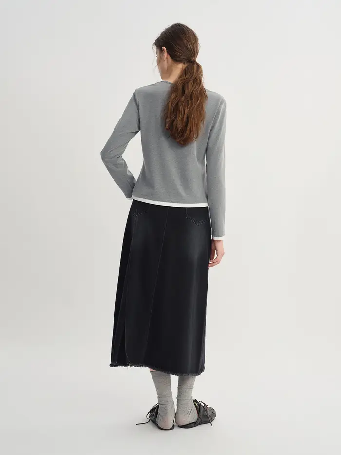 DUSHU automne 2025 T-Shirt à manches longues pour femmes-haut à col Henley à blocs de couleurs contr