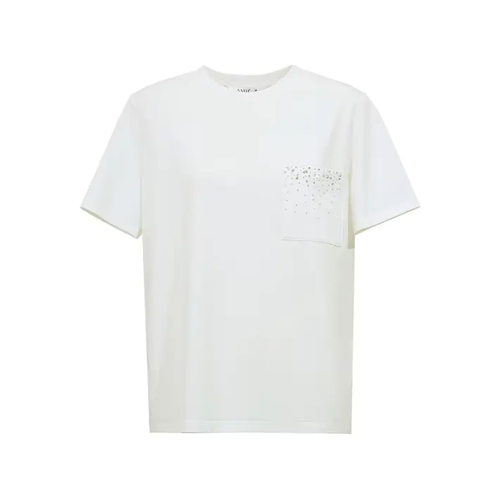 T-shirt Amii pour femme, nouvelle collection été 2026, col rond, en coton extensible, avec poche orn