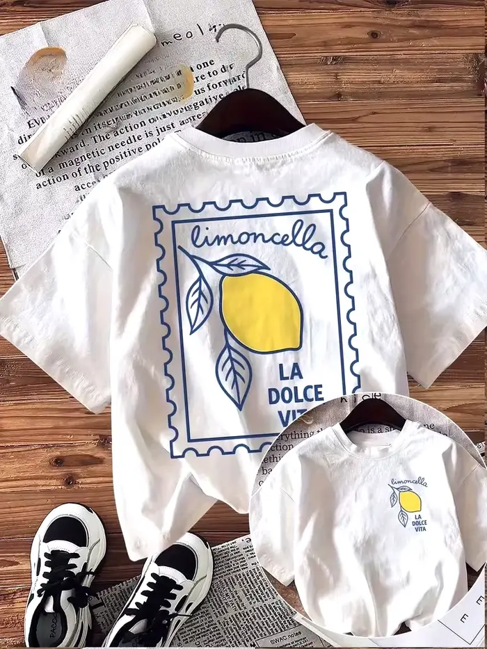 T-shirt pour femme, imprimé graphique citron vif, manches courtes, col rond, haut décontracté pour l