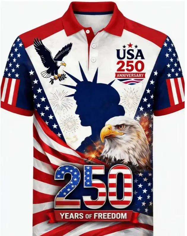 Polo pour homme 250 US Independence Day, t-shirt à col à manches courtes imprimé en 3D, rayé, street