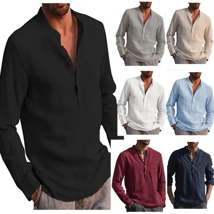 Chemise hawaïenne en lin à manches longues pour homme