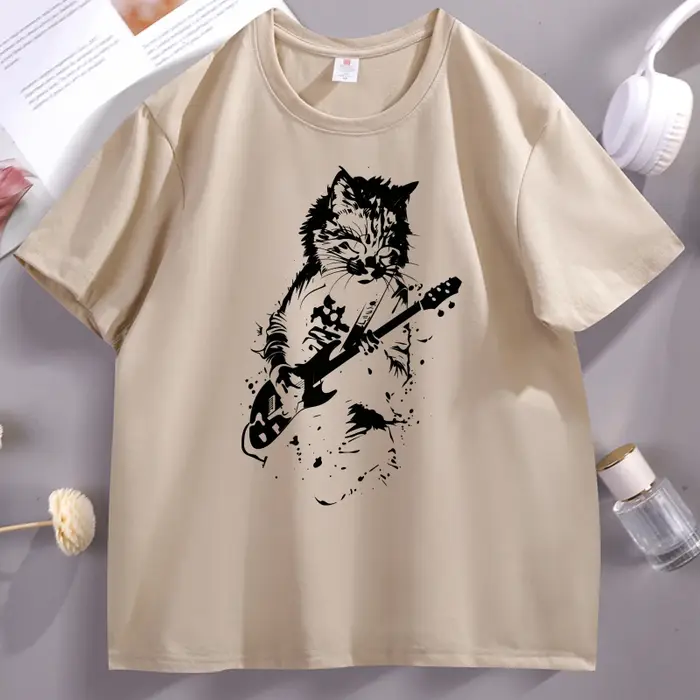 T-shirt Rock Cat Guitar, t-shirt drôle pour les amoureux des chats, pour hommes et femmes, imprimé t