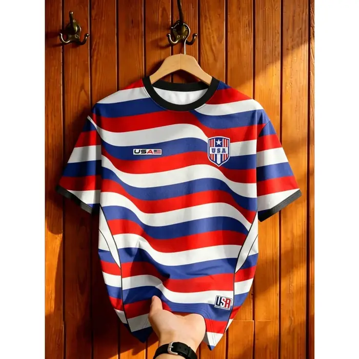 T-shirt ample à manches courtes pour homme, col rond, rayures ondulées USA, style patriotique, tenda