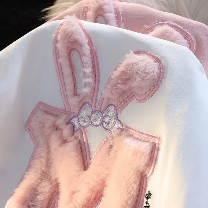 Coton flocage lapin oreille à manches courtes T-shirt femmes nouvel été polyvalent haut rose mignon flocqué