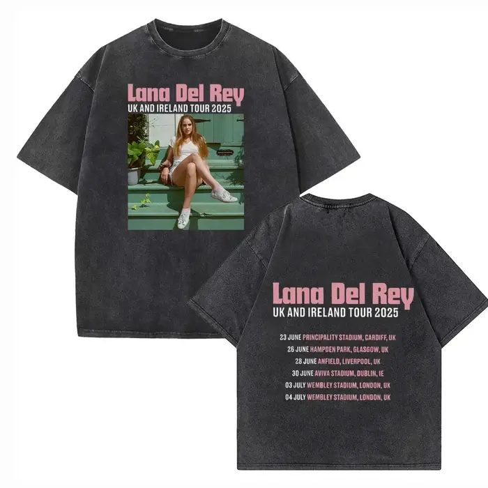 Lana Del Rey Uk et Irlande Stadium Tour 2025 T-shirt délavé Vintage col rond manches courtes coton T-Shirts