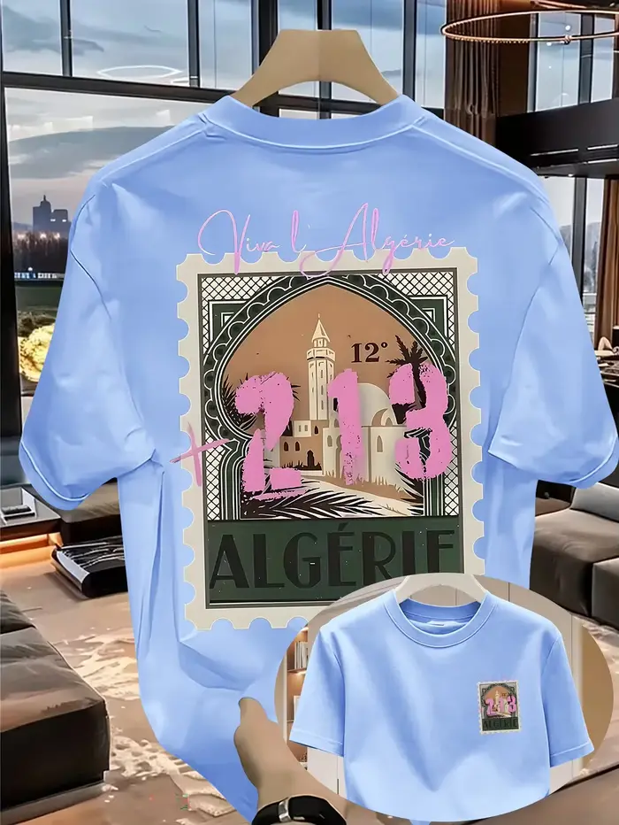 T-shirt Homme Fierté Algérienne 100% Coton avec Motif « ALGERIE +213 » Respirant pour l'Été et les Voyages