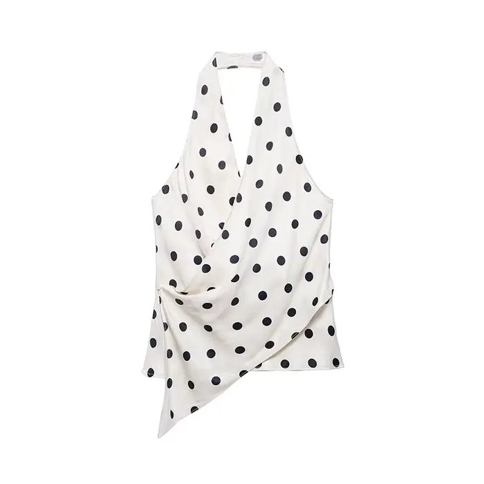 Top imprimé à pois tendance pour femme, été 2026, sexy, sans manches, dos nu, col licou, pour soirée