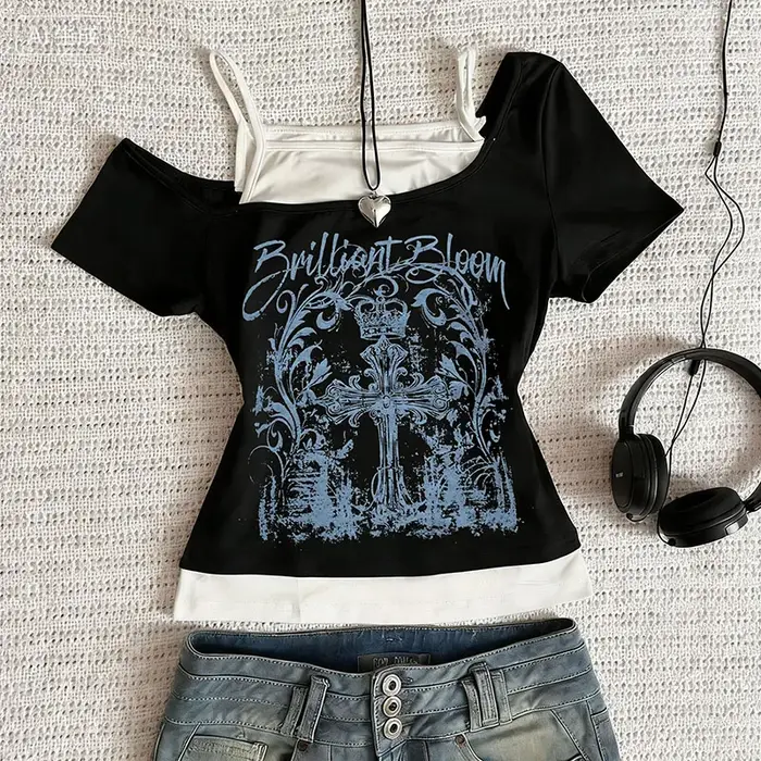 T-shirt femme noir Y2K, hauts imprimés, t-shirts graphiques anime, Harajuku, sexy, Kawaii, Emo, Grun