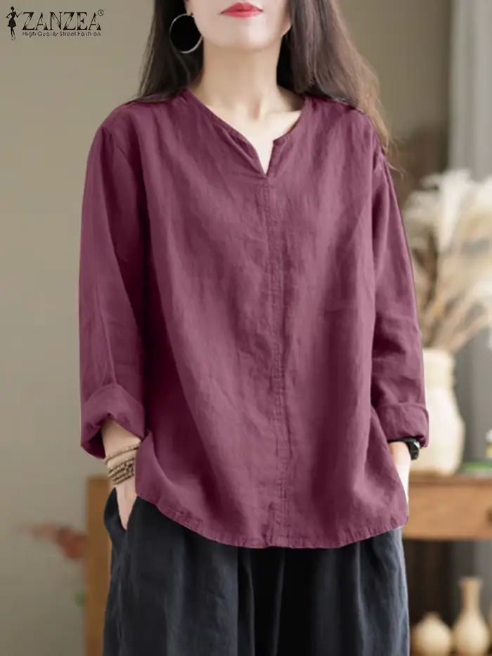 Vintage femmes coton Blouse automne col en V à manches longues hauts 2025 ZANZEA rétro solide chemise ample femme travail tunique Blusas Mujer