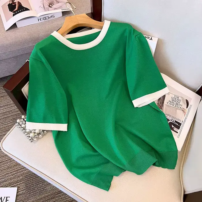 T-shirt manches courtes femme, estival et de grande taille, noir et vert, 170 noix, buste, adt Ice, 