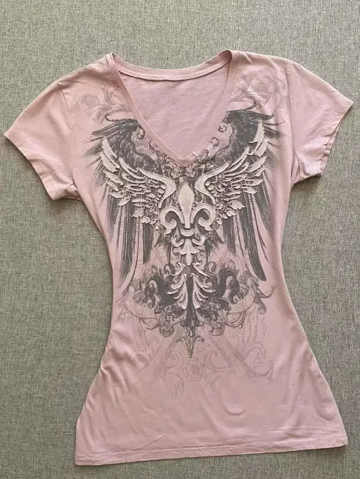 Femmes sous-culture Vintage violet imprimé T-Shirt été Y2k américain rétro mince t-shirts décontracté Harajuku Grunge hauts à la mode nouveau