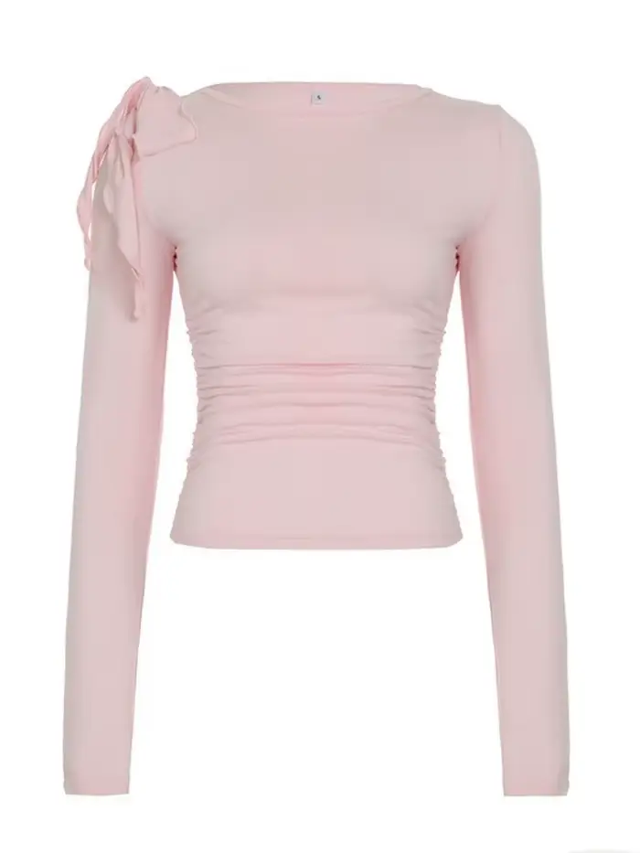 Noeud papillon t-shirts pour femmes Streetwear à manches longues haut court Y2k vêtements couleur unie t-shirt Sexy Ropa De Mujer coupe ajustée Camisetas