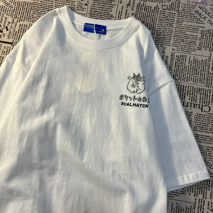 Été japonais rétro poche chat dessin animé imprimé à manches courtes T-shirt hommes femmes Couples u
