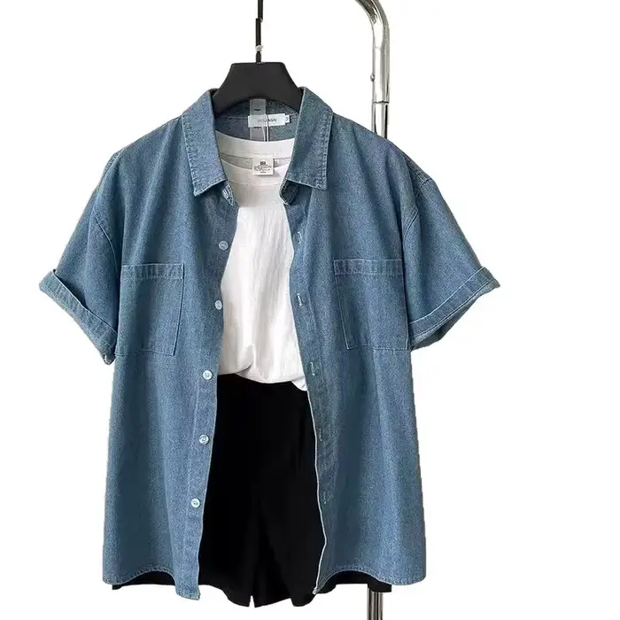 Chemise décontractée vintage en denim ample à manches courtes pour femmes printemps été nouveau style polyvalent col